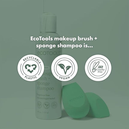 EcoTools Makeup Brush & Sponge Shampoo - Fragrance-Free Cleanser for Brushes, Sponges & Puffs, No Harsh Chemicals, Vegan & Cruelty-Free, 6 fl.oz./ 177 ml, 2 Count