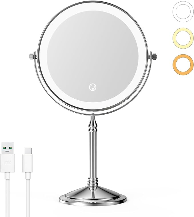 Nicesail Desk Mirror with Light 1X/10X Magnifying with 3 Color Dimmable Lights Desk Mirror, Cordless 360 Rotation 4000mAh Rechargeable, Double Sided Mirror for Desk, 8 Inch Standing Chrome Finish