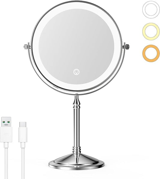 Nicesail Desk Mirror with Light 1X/10X Magnifying with 3 Color Dimmable Lights Desk Mirror, Cordless 360 Rotation 4000mAh Rechargeable, Double Sided Mirror for Desk, 8 Inch Standing Chrome Finish