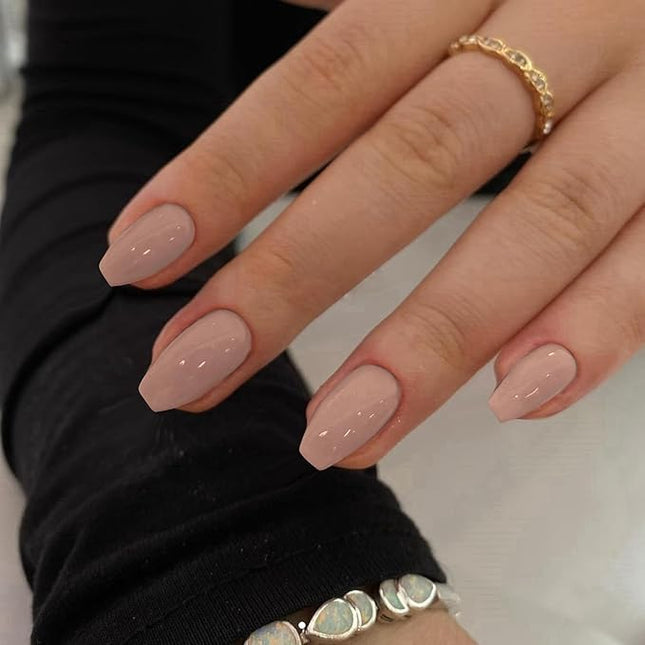 Khaki Press on Nails Medium Coffin Fake Nails Press ons, KXAMELIE Full Cover False Nails Tips Medium Length Glue on Nails Natural Thick Long Acrylic Nails 24Pcs Solid Color Coffin Nails for Women