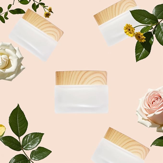 16Pcs 1oz & 1.7oz Glass Cosmetic Containers with Wood Grain Lids – Refillable Frosted Glass Jars, Leakproof Cream Containers for Travel, Body Scrub, Lotion, Lip Scrub, DIY Skincare（50ml/30ml）