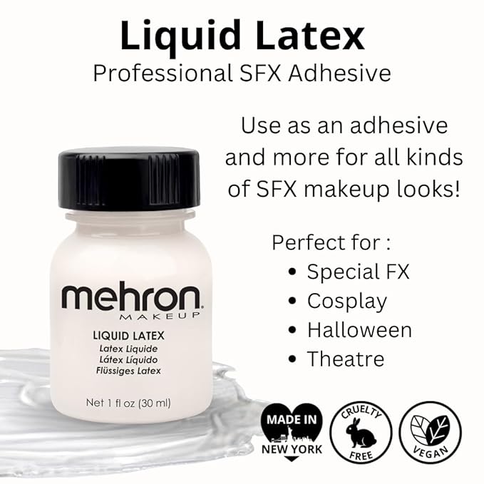Mehron Makeup Liquid Latex | SFX Makeup | Halloween | Latex Glue for Skin | Prosthetic Glue 1 fl oz (30 ml) (Clear Flesh)