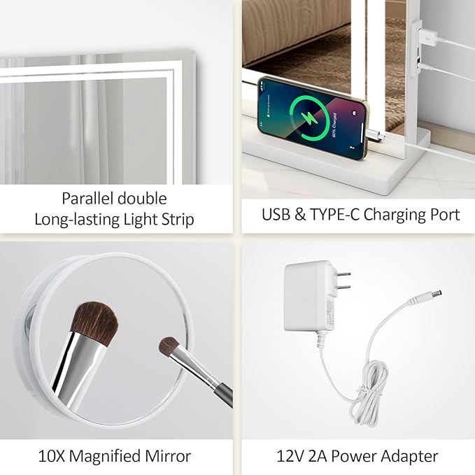 YOURLITE Vanity Mirror with Lights, 32"x 23" Hollywood Mirror with Double LED Lights, 3 Colors Modes & Adjustable Brightness, Makeup Mirrors Vanity Mirror 10x Spot Mirror, USB Charging Port