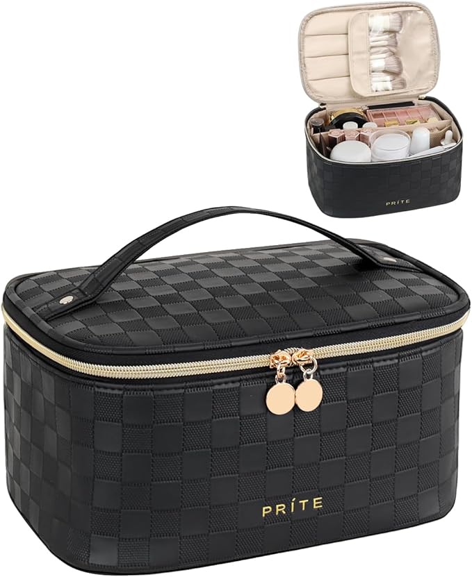 Prite Makeup Bag Portable Cosmetic Organizer with Brush Holder Waterproof Travel Toiletry Bag for Women with Handle and Divider (Checkered Black)