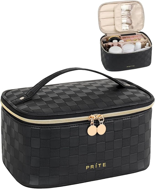 Prite Makeup Bag Portable Cosmetic Organizer with Brush Holder Waterproof Travel Toiletry Bag for Women with Handle and Divider (Checkered Black)