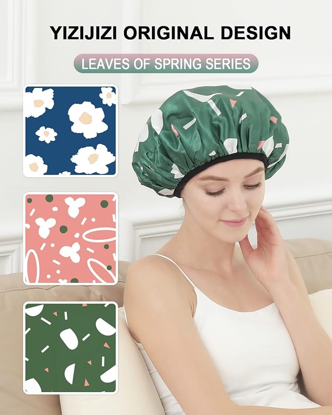 YIZIJIZI Triple Layer Reusable Waterproof Shower Cap for Women Large Terry Lined Hair Cap for Long Thick Hair Travel Bath Care Green Flowers