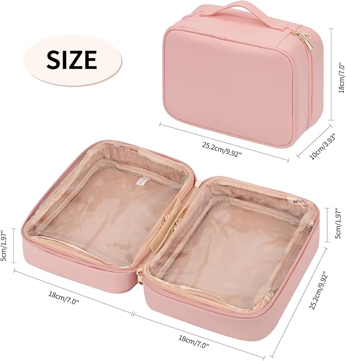 OCHEAL Makeup Bag, Makeup Travel Bag Large Capacity Cosmetic Organizer Bag with Makeup Brush Compartment & Handle for Women Girls Travel Toiletry Accessories-Pink