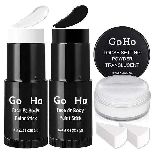Go Ho White and Black Face Paint Stick with Setting Powder,2 PC White Sponges Set,Waterproof Full-coverage Face Body Paint for Halloween Costumes Clown Skeleton Vampire Skull Cosplay Makeup
