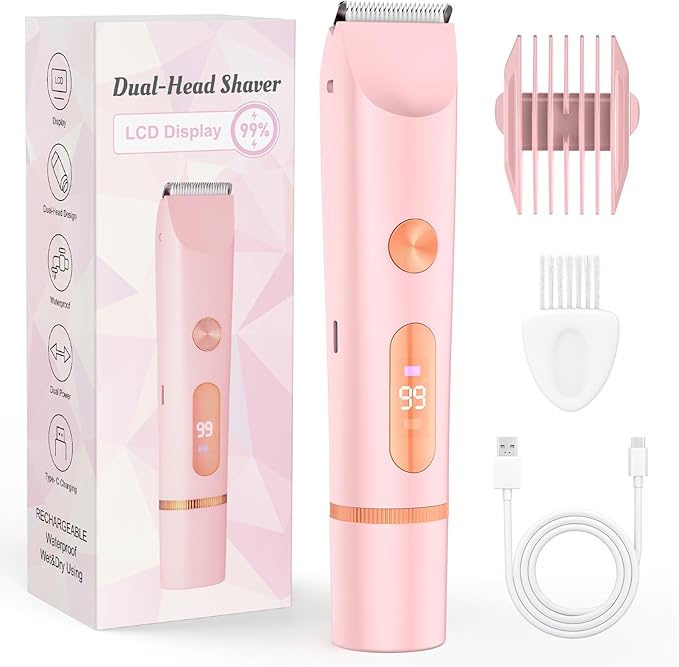 Bikini Trimmer for Women 2 in 1 Electric Shaver Razors IPX7 Waterproof Pubic Hair for Underarm Leg Arm Body (Pink)