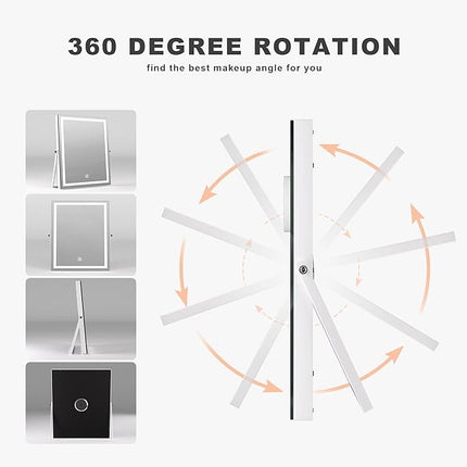 Hasipu Vanity Mirror with Lights and Bluetooth Speaker, 11.4" x 13.8" LED Makeup Mirror with 10X Magnification, Smart Touch 3 Colors Dimmable, Brightness Adjustment, 360° Rotation, White