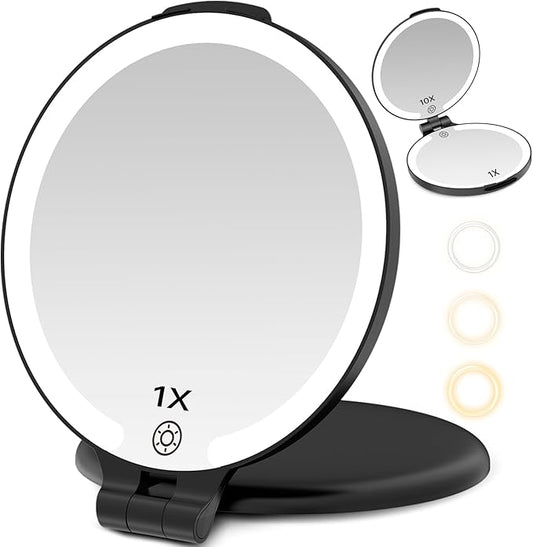 FUNTOUCH Travel Mirror with Light, 1X/10X Rechargeable Makeup Mirror with Magnifying, 7'' Double Sided 3 Color Lighting Modes for Travel Essential, Portable Vanity Mirror, Black