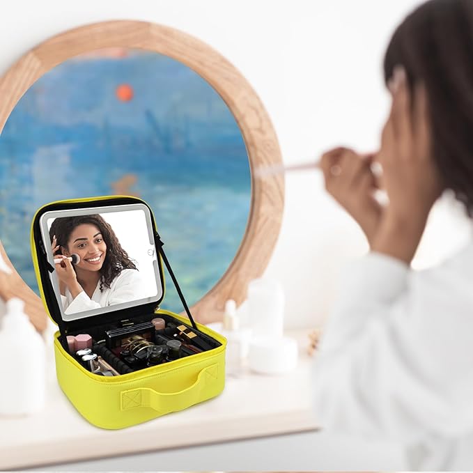 Travel Makeup Bag with LED Mirror Travel Makeup Organizer with 3 Lighted Settings, Adjustable Dividers and Makeup Brush Storage Bag Yellow
