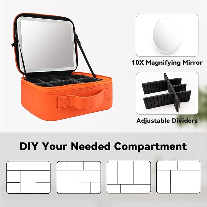 Travel Makeup Bag with LED Mirror and 10x magnifying glass with 3 Lighted Settings, Adjustable Dividers and Makeup Brush Storage Bag Orange