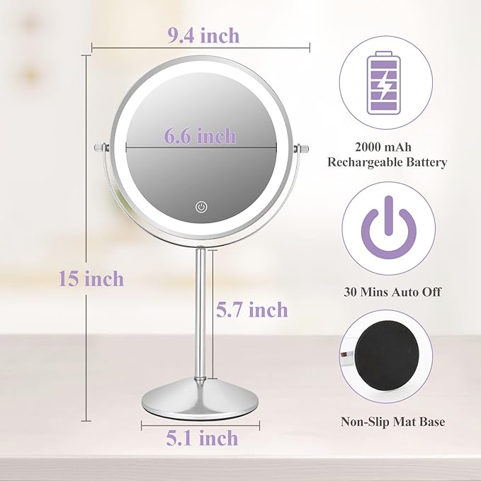 8" Makeup Mirror with Lights, 1X/10X Lighted Vanity Mirror with Magnification, 3 Color Adjustable Brightness, 360° Rotating Dual-Side, USB Rechargeable Cordless Design for Vanity & Tabletop