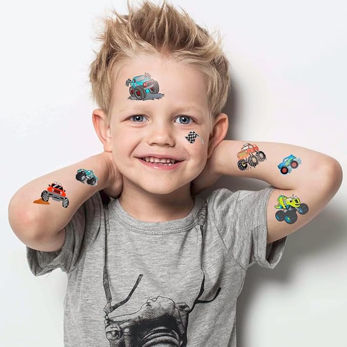 75PCS Toddler Tattoos Hot Wheel Birthday Decorations Hot Wheels Party Favors, Kids Tattoos Temporary for Boys Monster Truck Tattoo Halloween Tattoo Racing Car Flag Stickers