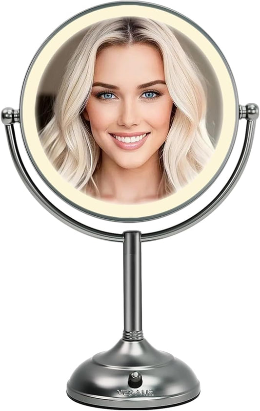 VESAUR Professional 8.5" Lighted Makeup Mirror, 1X/10X Double Sided HD Undistorted Magnifying Mirror with 3 Color 90 Dimmable LED lights, 360° Rotation Vanity Mirror, Unique Black Nickel with Gift Box