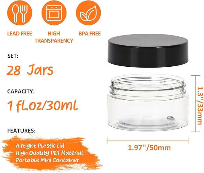 1oz Containers with Lids 28Pack, 1 oz Plastic Container with Lid- Clear Refillable Cosmetic Small Plastic Containers with Black Screw Lid for Liquid and Solid Products (1 oz, 28Pack)