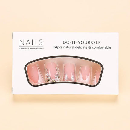 RUOKEXIN Duck Nails Press on Long Press on Nails White French Tip Fake Nails Coffin False Nails with Rhinestones Designs Pink Glue on Nails Glossy Artificial Nails Natural Stick on Nails for Women