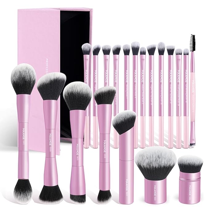 MAANGE 20 Pcs Makeup Brushes with Gift Box, Double-End Multi-functional Makeup Brushes for Blending Liquid Powder Concealer Cream Blush Buffe,Pink