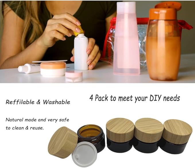 Empty Refillable Frosted Glass Cosmetic Jar 4 Pack 15g/0.5oz with Bamboo Lids,Skin Care Travel Containers Pot Vial Holder Sample Storage for Eye Cream Lotion Ointments Lip Balm Brown