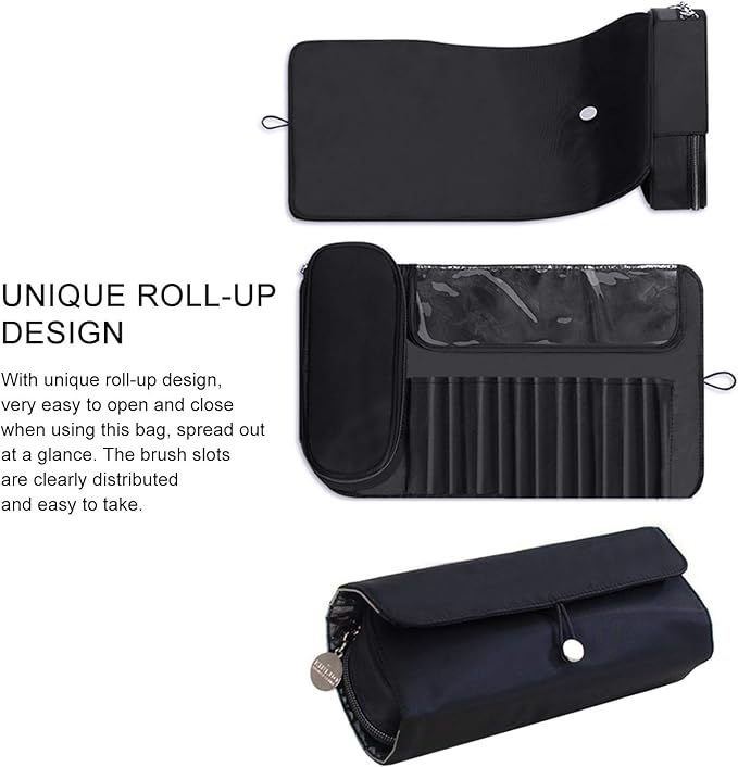 Makeup Brush Bag, Travel Makeup Brush Case Makeup Brush Holder Organizer Cosmetic Bag Portable Roll Up Brush Storage Bag for Makeup Brushes and Cosmetic Essentials (Black)