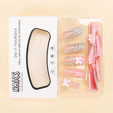 RUOKEXIN Long Square Press on Nails - French Tip False Nails Pink, Bow Rhinestone Designs, 24Pcs