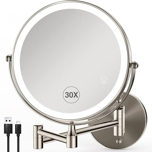 30X/1X Wall Mounted Makeup Mirror with Light: 8.5 Inch Double-Sided, 3 Color Modes, USB-C Rechargeable, 360° Swivel, Brushed Nickel