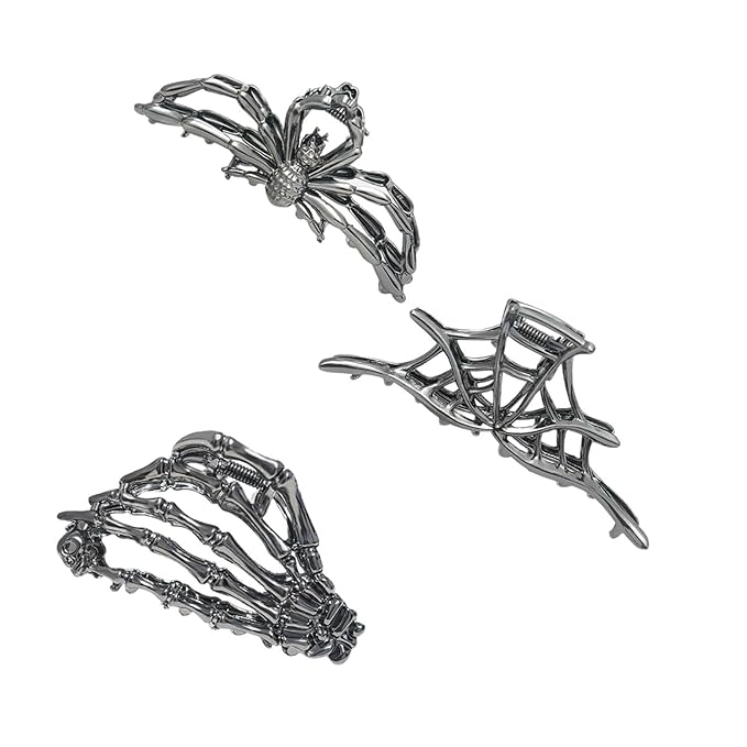 3Pcs Halloween Spider Hand Skeleton Spider Web Hair Claw Clips For Women And Girls,Black Gun Metal Large Medium Size For Thick Thin Hair,Barrette Headband Hair Styling Accessories Gifts