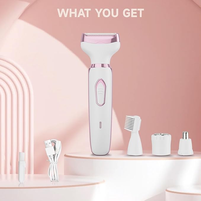 Electric Razors Shaver for Women Painless 4 in1 Women Shaver Cordless Rechargeable Facial Eyebrow Razors & Nose Hair Trimmer Lips Body Bikini Trimmer for Womens Grooming Kit 3028 White