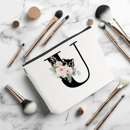 Floral Cat Initial Makeup Bag, Personalized Skin Care Bag, Travel Organizer Toiletry Bags for Women Mom Friends, Cosmetic Bags Makeup Pouch with Zipper, Letter U