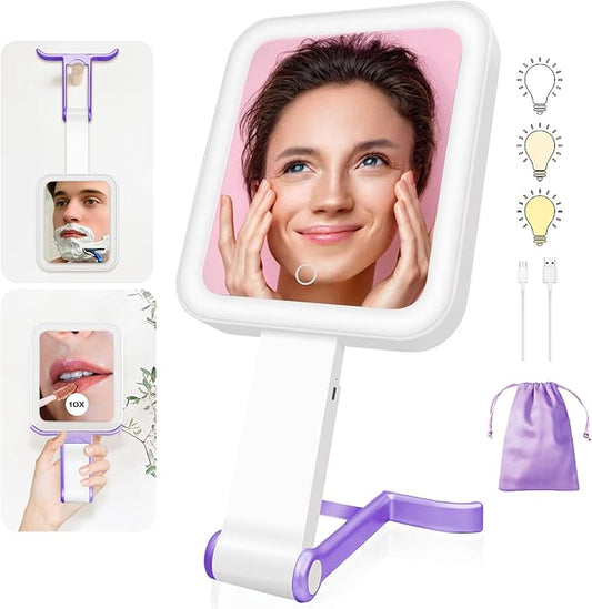 Portable Travel Makeup Mirror with Lights, Double Sided 1X/10X Magnifying Mirror, 3 Color Adjustable Lighting Touch Screen, Rechargeable Lighted Beauty Mirror, Tabletop Handhold Hanging (Purple)