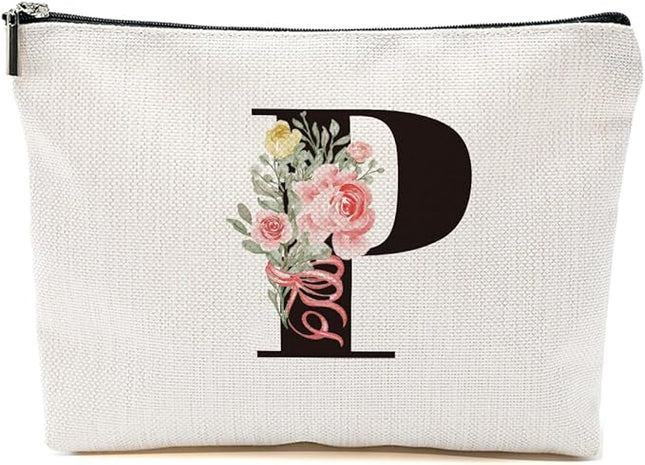 Personalized Makeup Bag, Initial Letter P Makeup Bag for Women Rose Monogram Cosmetic Bags Toiletry Pouch, Monogrammed Gifts for Women Mom Grandma Sister Friends Thanksgiving Christmas Birthday Gift
