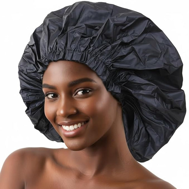 DONNA Super Jumbo Shower Cap – Comfortable Elastic Band, 100% Waterproof Hair Cap for Long Hair, Braids & Thick Styles, Reusable Big Shower Cap for Women, Keeps Hair Dry & Protected, Black