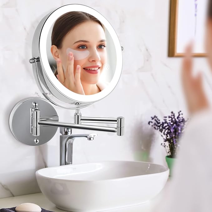Wall Mounted Lighted Makeup Mirror: 8.5 Inch Double Sided Makeup Mirror with 1X/15X Magnification for Vanity, Bathroom, and Shaving - Chrome
