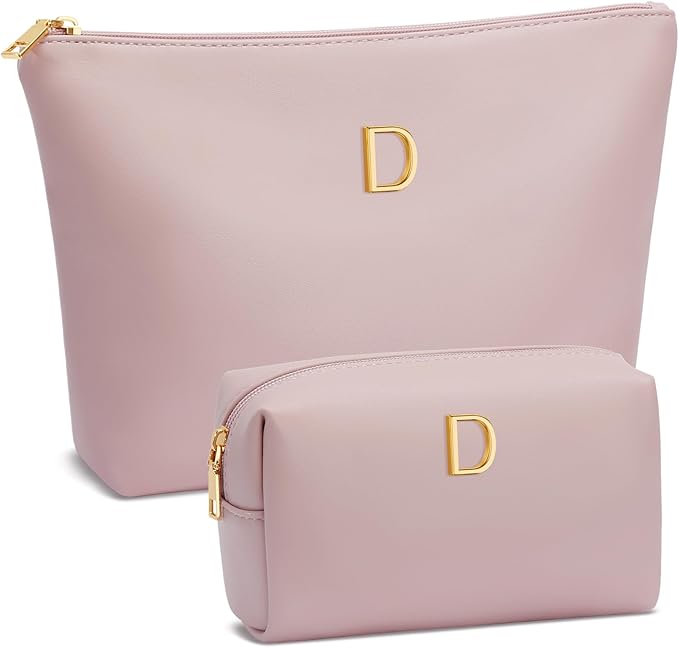 Women Gifts | Initial Makeup Bag Set for Girl Personalized Gifts for Bridesmaid Friend Graduation Teachers PU Leather Cosmetic Travel Toiletry Bag(Pink,D)