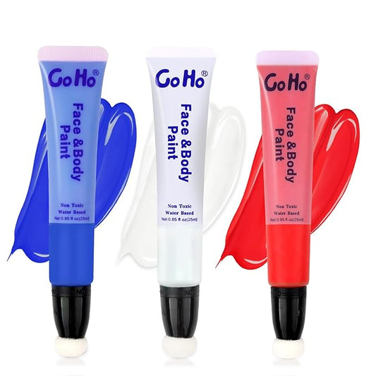 Go Ho Red White and Blue Face Body Paint Stick,Water Based Cream Washable Face Paint Clown Makeup,Easy to Use with Cushion Applicator,Halloween Cosplay SFX Makeup,4th of July Accessories