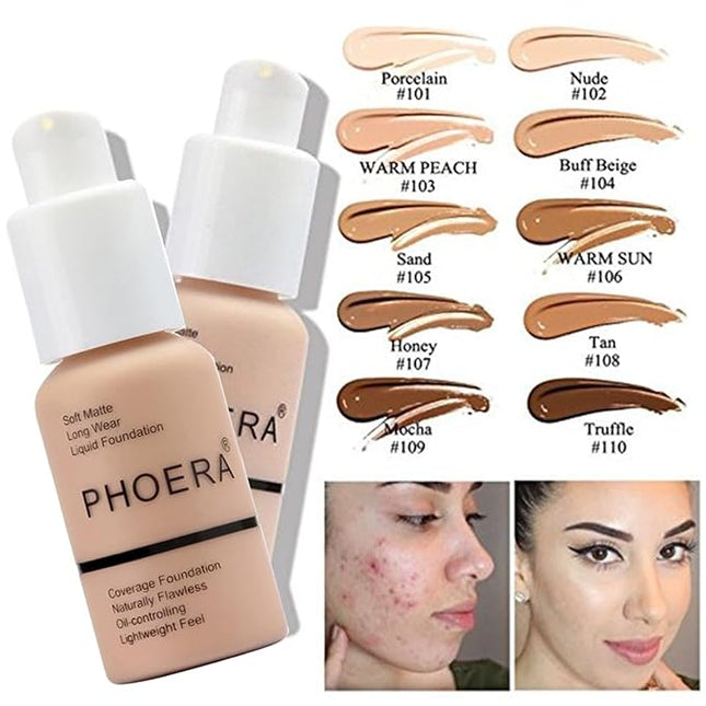 PHOERA Foundation,PHOERA Makeup for Women,PHOERA Matte Liquide Foundation Full Coverage,PHOERA Primer,PHOERA Concealer,Kabuki Makeup Brushes Foundation,2 Makeup Sponge(103 Warm peach+104 Buff Beige)
