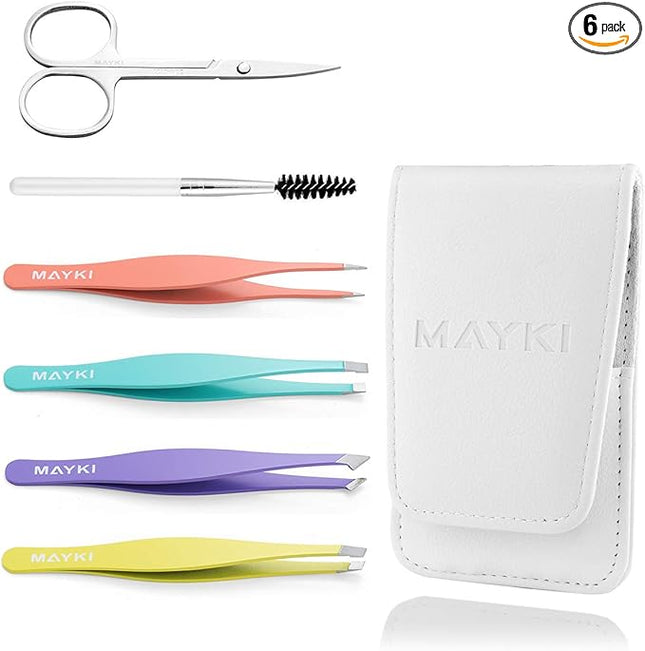 Eyebrow Tweezers Women 6Pcs, Full Size Professional Eyebrow Tweezers Kit, Precision Tweezers Set for Eyebrow/Ingrown Hairs/Splinter/Facial Hair Removal by MAYKI
