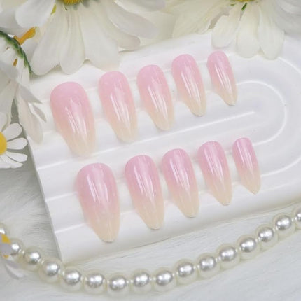Press on Nails Almond Medium Light Yellow Pink Gradient Fake Nails with Dots Designs Glossy Nails Press ons Acrylic Nail Cute Winter Stick on Nail for Women 24 Pcs