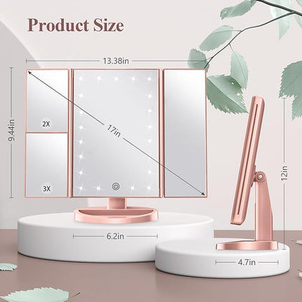 HUONUL Makeup Mirror, Vanity Mirror with Lights, 2X/3X/10X Magnification, Touch Control, Trifold, Dual Power Supply, Valentines Day Gifts for Her,Gifts for Women, Wife, Mom, Girls,Dorm Room Essentials