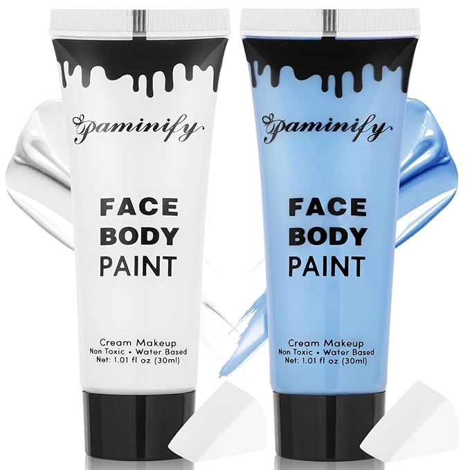 White Light Blue Face Body Paint 1.01/pc with 2 Sponges,Water Based Face Paint Kit for Corpse Bride Cosplay Sally Makeup,Halloween SFX Makeup Cream Face Painting,2.02 oz