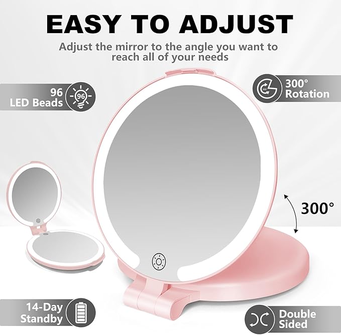 6.3 Inch Folding Rechargeable Double Sided Makeup Mirror with Lights,Travel Portable Magnifying (10x 1x),Magnifying Mirror with Light for Myopia and Makeup Fanatics