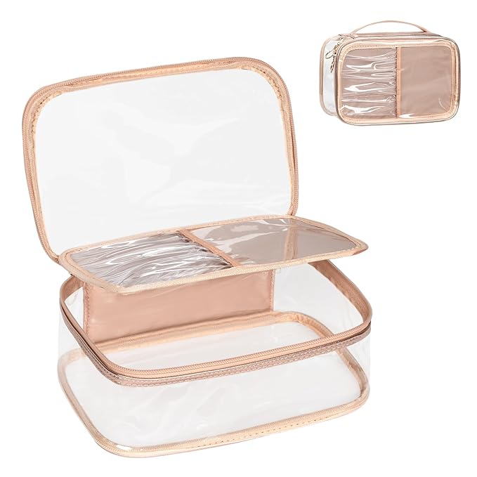 OCHEAL Clear Makeup Bag, Portable Makeup Organizer Cosmetic Bag, Large Travel Makeup Bag Cute Clear Pouch For Women and Girls Cosmetics Bags with Divider Makeup Brush Compartment-Rose Gold
