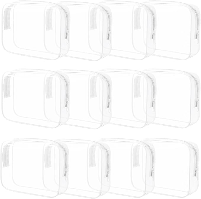 12 Pieces Clear Makeup Bags Bulk, TSA Approved Toiletry Bag for Travel, PVC Waterproof Cosmetic Bag with Zipper, Transparent Pouches Organizer Storage for Men and Women (White, Large)