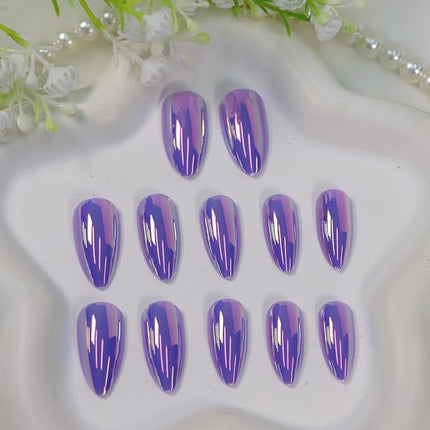 Almond Press on Nails Medium Fake Nails with Chrome Aurora Designs Glossy Purple Nails Press ons Full Cover Acrylic Nail Cute Stick on Nail for Women 24 Pcs