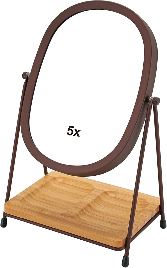 JOYOEIKON Tabletop 5x/1x Magnifying Makeup Mirror with Squared Bamboo Tray Small Desk Mirror 360° Rotation Vanity Mirror with Stand Desktop Cosmetic Mirror