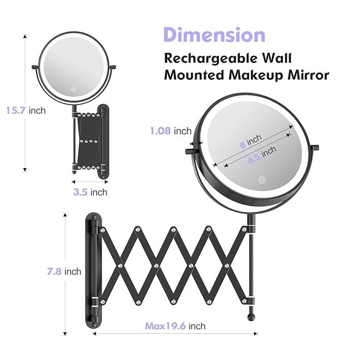 Rechargeable Wall Mounted Makeup Mirror - 8 Inch Double Sided 1X/10X Magnifying Mirror with 3 Color Lights Dimmable Touch Screen, 360°Swivel 19.6 Inch Extendable Accordion Bathroom Mirror - Black