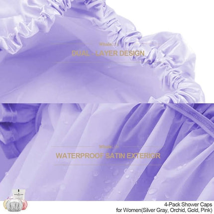 Shower Cap for Women Reusable Extra Large Shower Caps for Men Satin Double Layer EVA Waterproof Long Hair Caps(Silver Gray, Orchid, Gold, Pink 4 Pack)