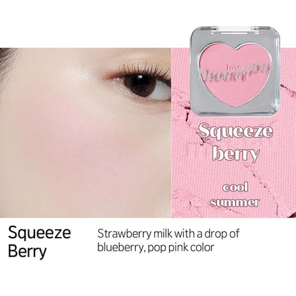 ETUDE Heart Pop Blush, Cool Berry Cheek Color, Natural Highlight & Glossy Finish, Lightweight Formula, Compact 0.2 oz – Squeeze Berry