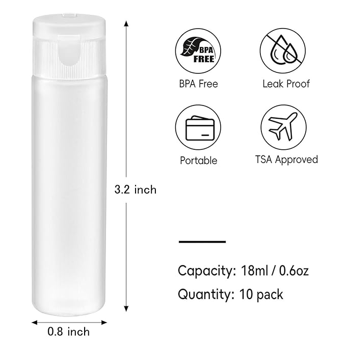 TUZAZO 10 Pack 18ml/0.6oz Small Travel Tube Bottles, Refillable Empty Plastic Mini Travel Size Squeeze Bottles for Liquid Makeup Cosmetic Toiletries